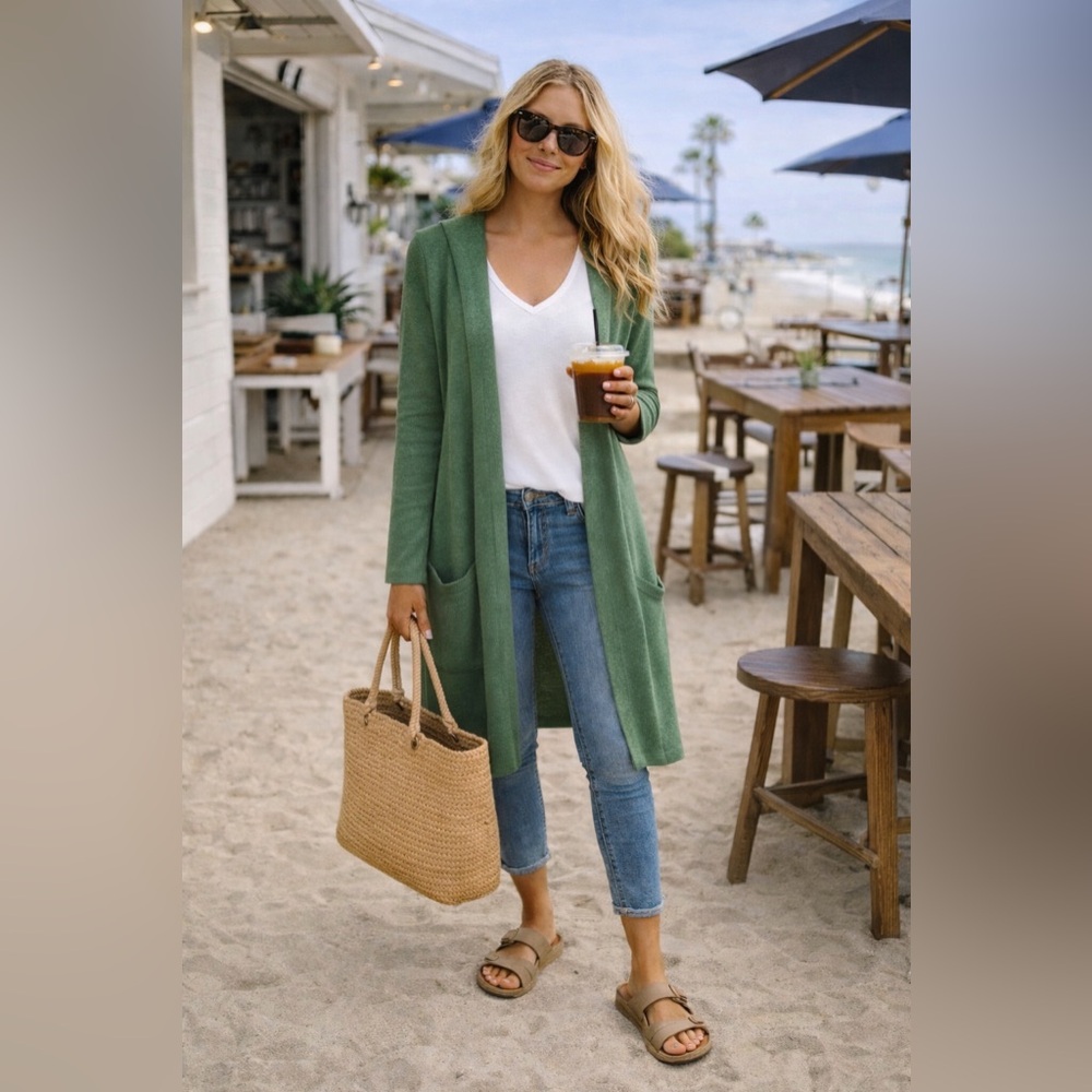 Goodthreads Green Lightweight Knit Sweater/Cardigan/Duster with Pockets/Hood NWT